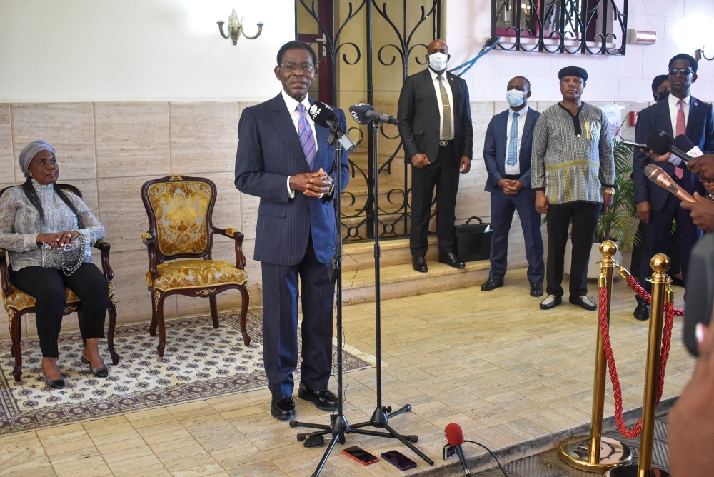Equatorial Guinea's President Teodoro Obiang Nguema Mbasogo speaks after casting his ballot at the polling station of the former Ministry of Foreign Affairs in Malabo during Equatorial Guinea's presidential, legislative and municipal elections on November 20, 2022.  (Photo by Samuel OBIANG / AFP)