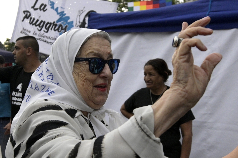 In this file photo taken on November 29, 2019, the president of the human rights organization Madres de Plaza de Mayo, Hebe de Bonafini, waves as she arrives at the 