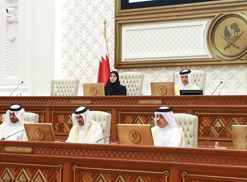 Shura Council Speaker H E Hassan bin Abdullah Al Ghanim chairing a session of the council yesterday. Deputy Speaker H E Dr. Hamda bint Hassan Al Sulaiti and Finance Minister H E Ali bin Ahmed Al Kuwari are also seen. 
