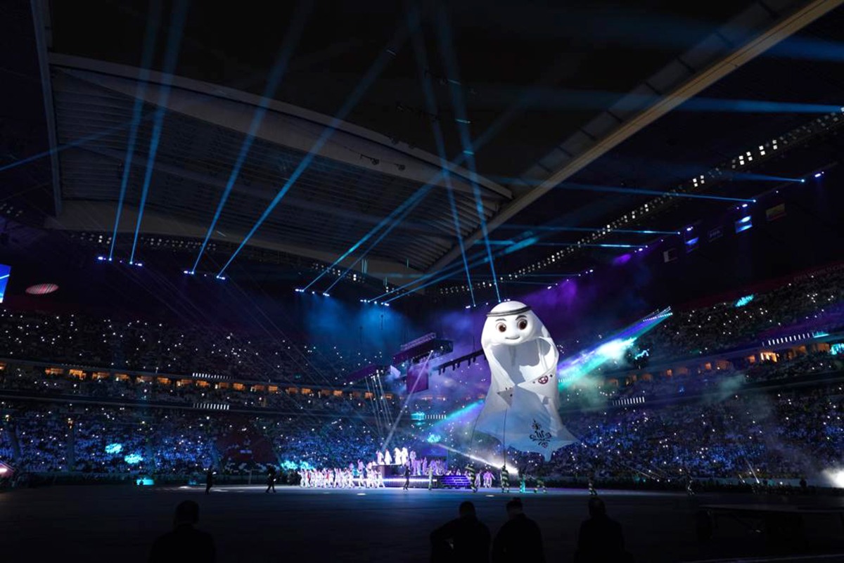 The official mascot of the FIFA World Cup Qatar 2022 La’eeb and performers during the tournament's opening on Sunday. 