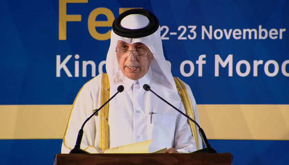 Minister of State for Foreign Affairs H E Sultan bin Saad Al Muraikhi speaking at the 9th United Nations Alliance of Civilizations Global Forum held in Fes, Morocco.
