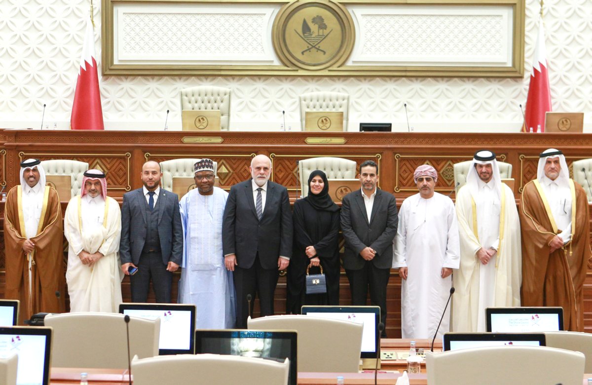 Deputy Speaker of the Shura Council H E Dr. Hamda bint Hassan Al Sulaiti with visiting parliamentary officials from several countries in Doha yesterday.