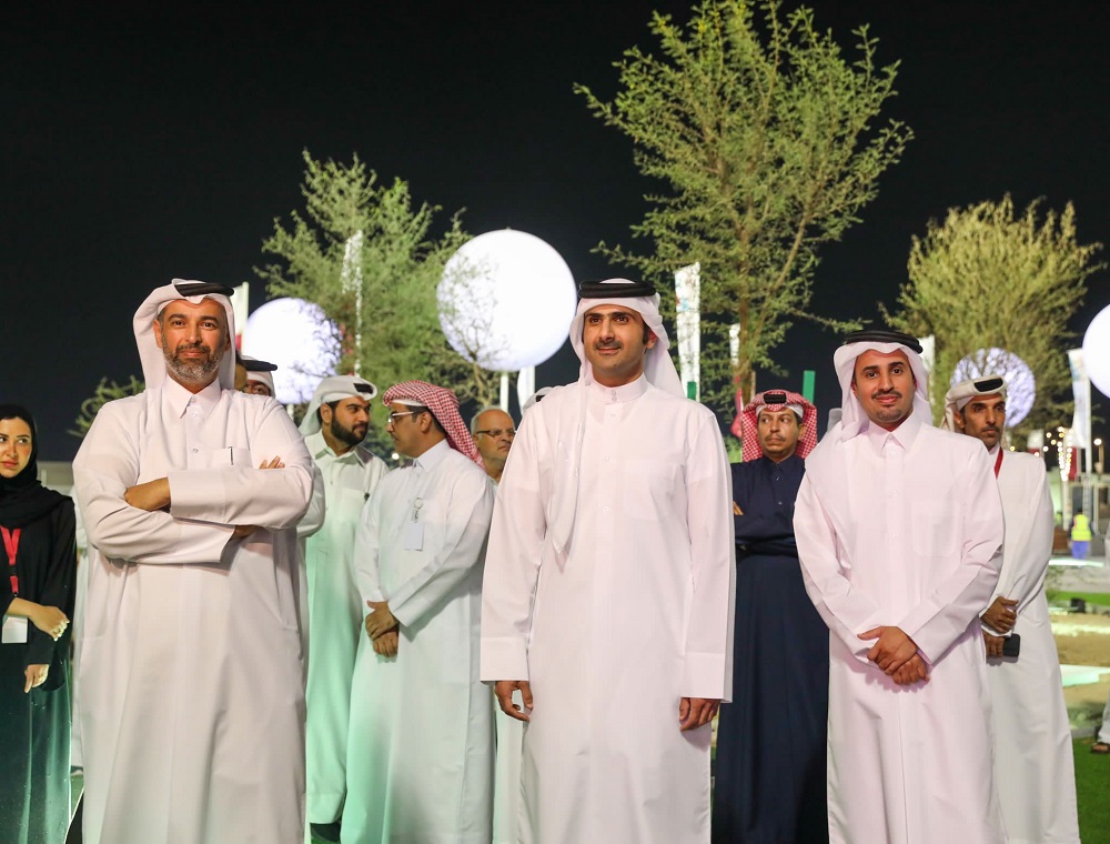 Minister of Environment and Climate Change H E Sheikh Dr. Faleh bin Nasser bin Ahmed bin Ali Al Thani and Minister of Culture H E Sheikh Abdulrahman bin Hamad Al Thani with other officials during their visit to Darb Al Saai yesterday.
