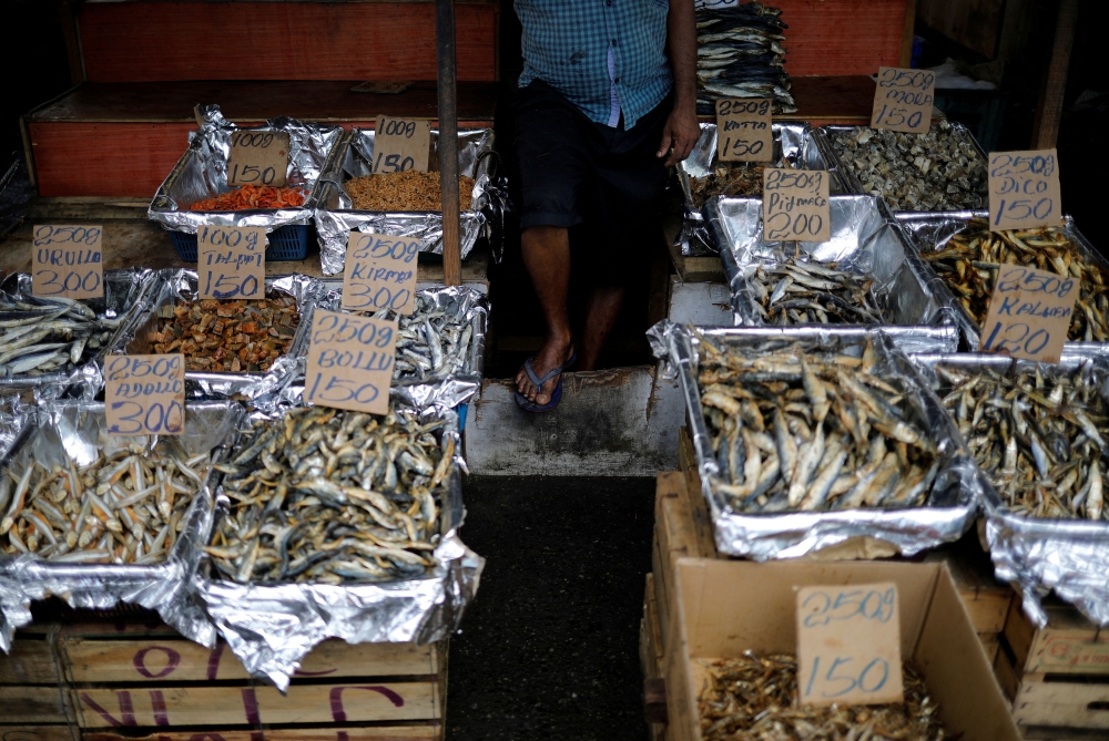 A vendor waits for customers as price tags are seen on the fish baskets at a vegetable market, amid the country's economic crisis in Colombo, Sri Lanka, May 20, 2022. (REUTERS/Adnan Abidi)