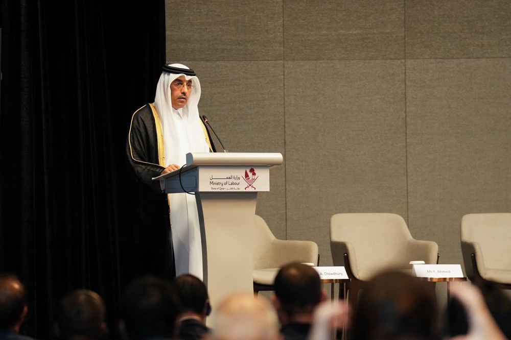 Minister of Labour H E Dr. Ali bin Smaikh Al Marri speaking at the symposium in Singapore. 
