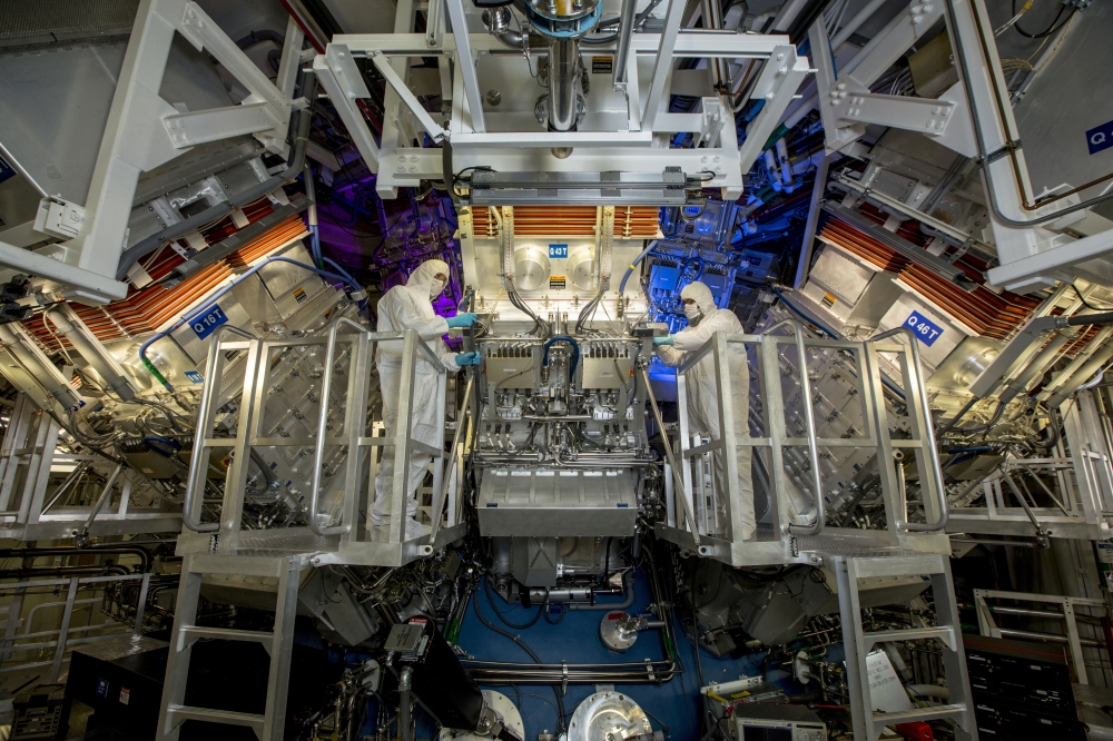 National Ignition Facility (NIF) Target Area operators inspect a final optics assembly (FOA) during a routine maintenance period at Lawrence Livermore National Laboratory federal research facility in Livermore, California, United States in an undated photograph. Jason Laurea/Lawrence Livermore National Laboratory/Handout via Reuters 