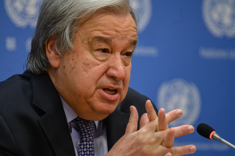 UN Secretary-General Antonio Guterres delivers remarks during the End of Year Press Conference at the UN headquarters in New York City on December 19, 2022. (Photo by Ed Jones / AFP)