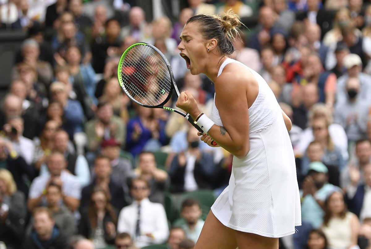Belarus' Aryna Sabalenka celebrates winning her first-round match against Britain's Katie Boulter at the Wimbledon - All England Lawn Tennis and Croquet Club, London, Britain, June 30, 2021. (REUTERS/Toby Melville)