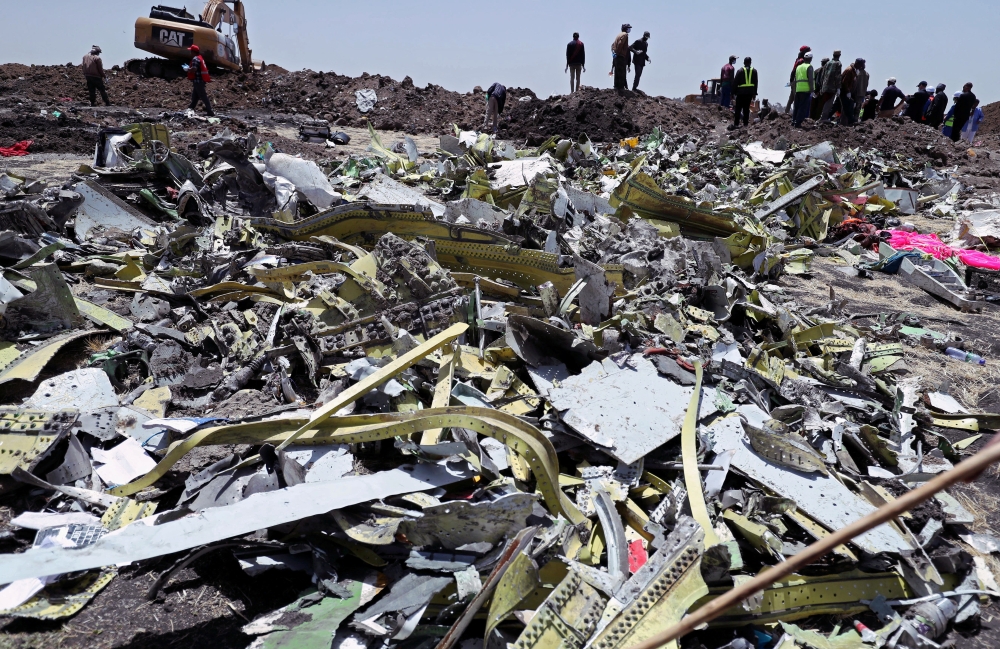 Wreckage is seen at the site of the Ethiopian Airlines Flight ET 302 plane crash, near the town of Bishoftu, southeast of Addis Ababa, Ethiopia March 11, 2019. File Photo / Reuters