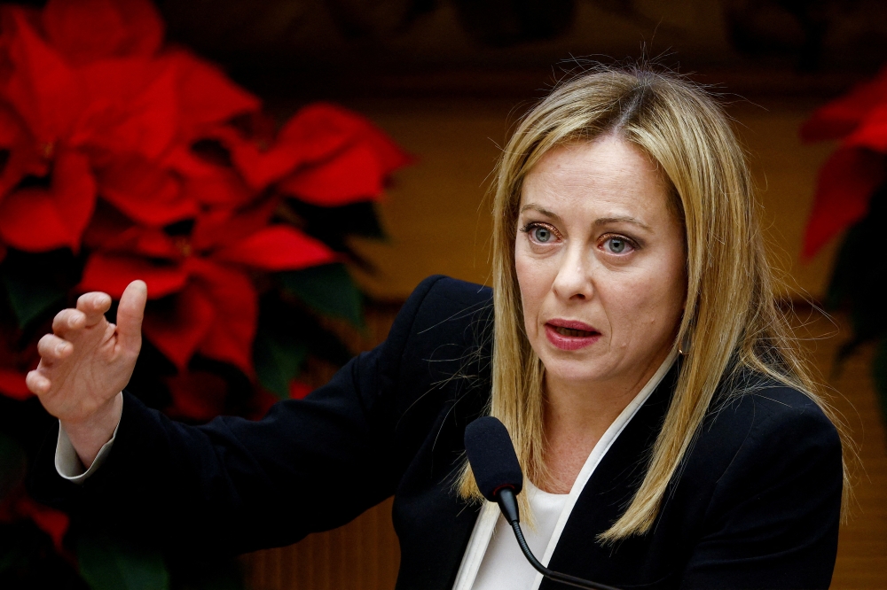 Italy's Prime Minister Giorgia Meloni holds her end-of-year news conference in Rome, Italy, on December 29, 2022. REUTERS/Guglielmo Mangiapane