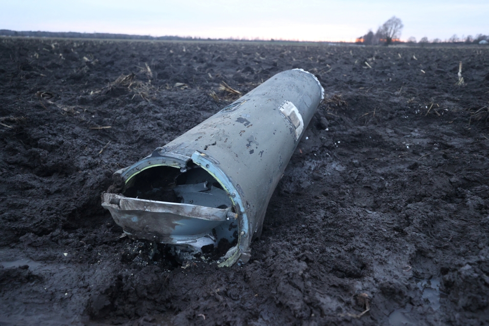 A view shows a fragment of a munition, what Belarus' defence ministry said was part of a Ukrainian S-300 missile downed by Belarusian air defences outside the village of Harbacha in the Grodno region, Belarus, December 29, 2022. (Vadzim Yakubionak/BelTA/Handout via REUTERS)