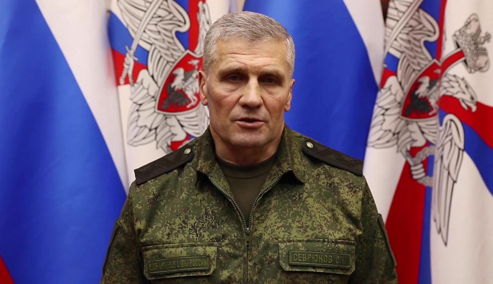 This screen grab obtained from a handout video taken and released by the Russian Defence Ministry on January 4, 2023, shows a senior Russian military official, Lieutenant General Sergei Sevryukov speaking during his news conference in Moscow. (Photo by HANDOUT / Russian Defence Ministry / AFP)