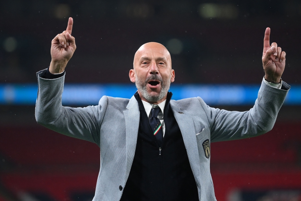 File Photo: Italy's delegation chief Gianluca Vialli greets supporters after Italy won the UEFA EURO 2020 final football match between Italy and England at the Wembley Stadium in London on July 11, 2021. Photo by Laurence Griffiths / POOL / AFP

