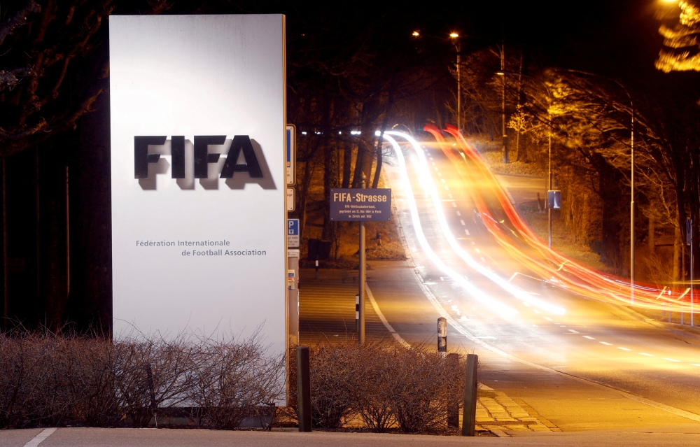 A long exposure shows FIFA's logo near its headquarters in Zurich, Switzerland, February 27, 2022. (REUTERS/Arnd Wiegmann)