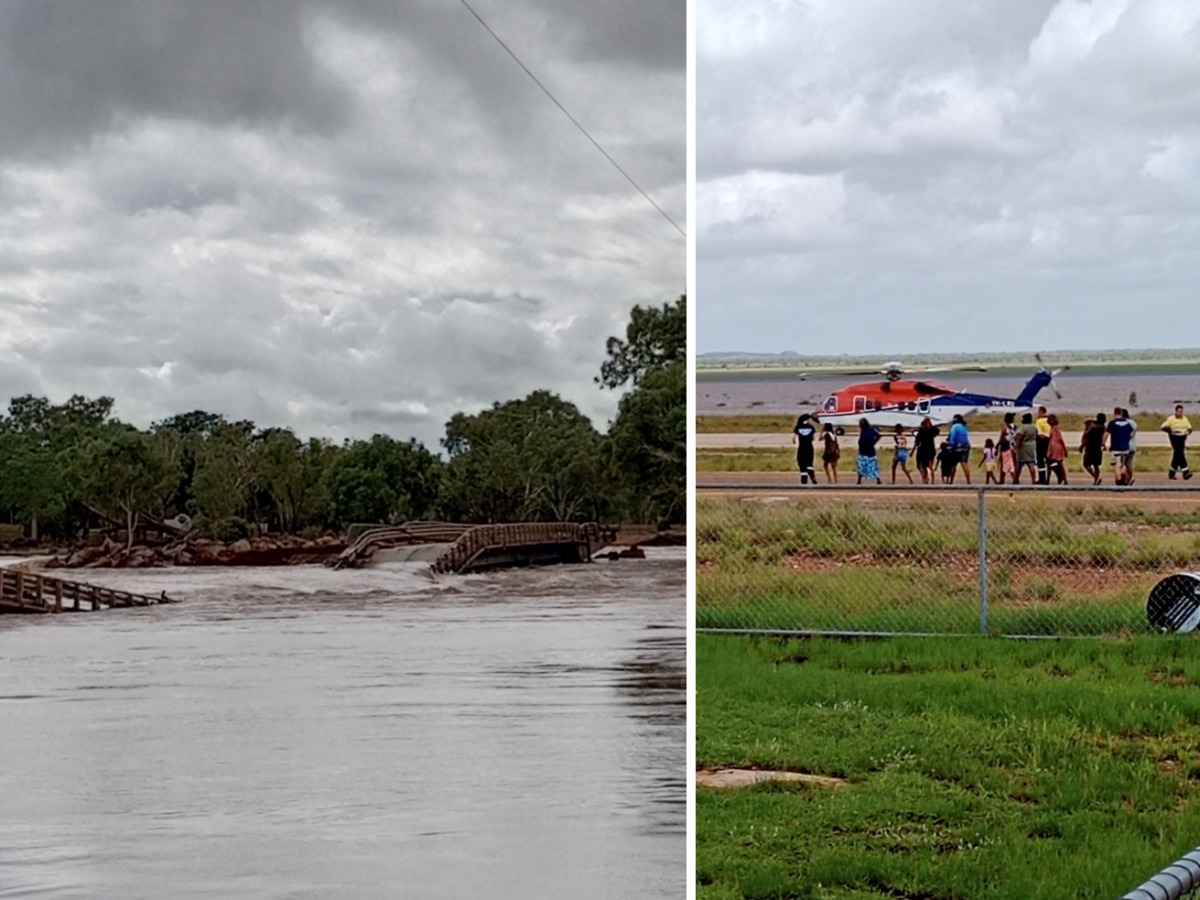 (Left) A view shows damaged Fitzroy Crossing bridge and (right) people being evacuated from Fitzroy Crossing Airport, in Fitzroy crossing, Australia January 7, 2023, in this picture obtained from a video. Joe Ross/via Reuters
