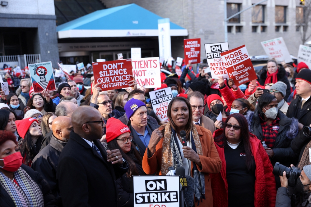 Attorney General of New York Letitia James speaks as NYSNA nurses walk off the job, to go on strike at Mount Sinai Hospital in New York City, US on January 9, 2023. REUTERS/Andrew Kelly