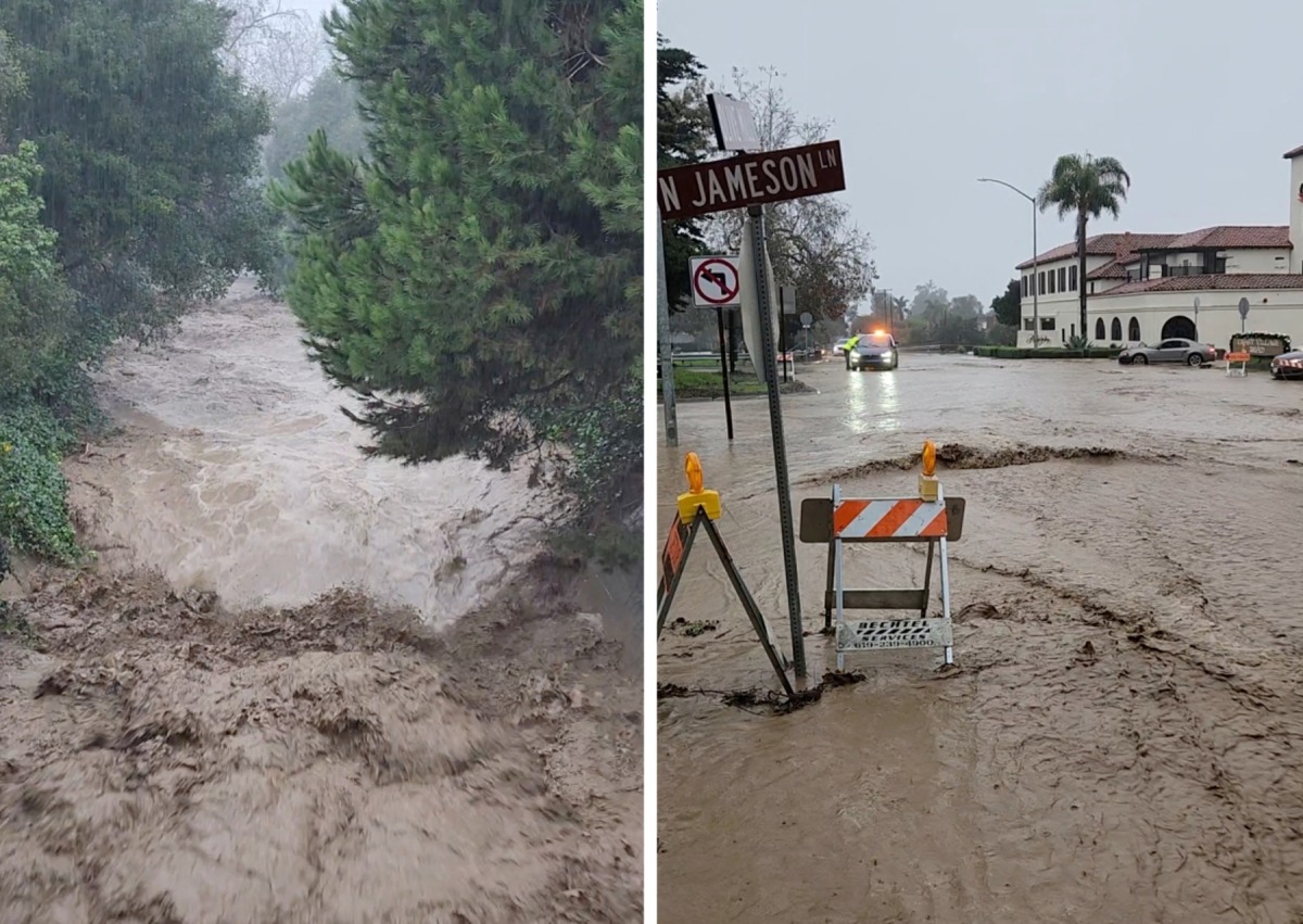 A view of flood waters in Montecito Creek in Montecito, California, U.S., January 9, 2023 in this screen grab obtained from a social media video. Craig/via REUTERS 
