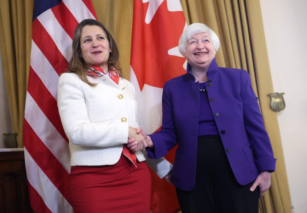 US Treasury Secretary Janet Yellen meets with Deputy Prime Minister and Finance Minister of Canada Chrystia Freeland at the Department of the Treasury in Washington, DC, on January 10, 2023. (Kevin Dietsch/Getty Images/AFP)