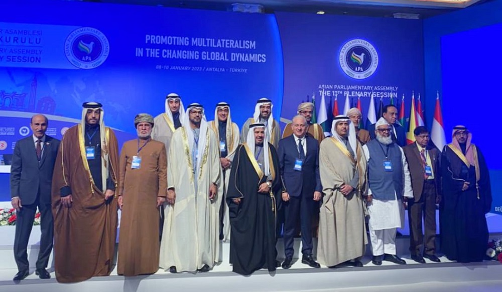 Member of Shura Council H E Mohammed bin Eid Al Kaabi with representatives of member countries of Asian Parliamentary Assembly during its 13th plenary session in Antalya, Turkiye.