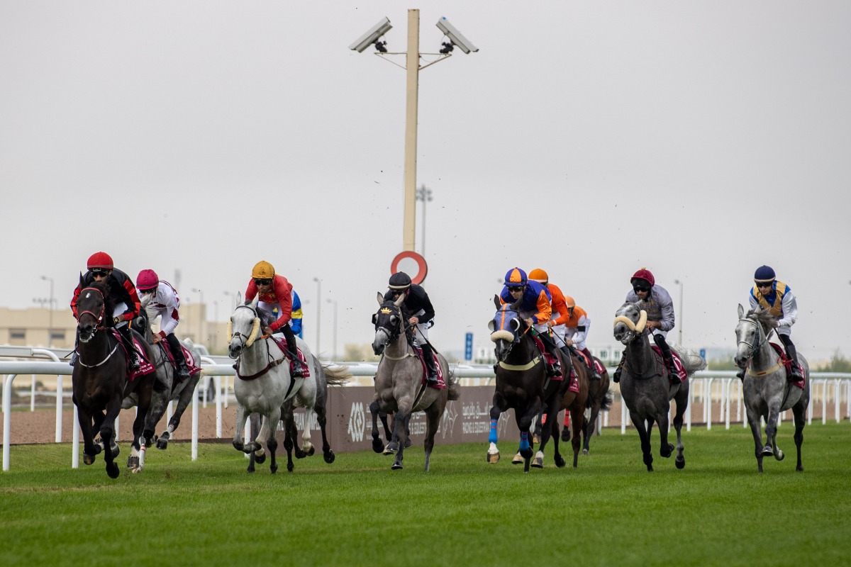 Action during the Athbah Cup race at Al Uqda Racecourse.