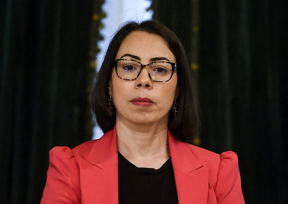 In this file photo taken on September 02, 2020, Nadia Akacha, senior advisor to the Tunisian President in charge of Legal Affairs, attends the new government swearing-in ceremony at Carthage Palace on the eastern outskirts of the capital Tunis, following a confidence vote by parliament.  (Photo by FETHI BELAID / AFP)
 
