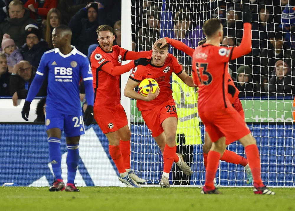 Brighton & Hove Albion's Evan Ferguson celebrates scoring their second goal with Alexis Mac Allister during the English Premier League match against Leicester City at the King Power Stadium, Leicester, Britain on January 21, 2023.  Action Images via Reuters/Andrew Boyers