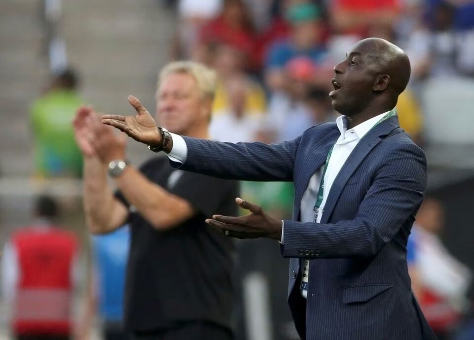Nigeria's head coach Samson Siasia (right) reacts during the second half of the 2016 Rio Olympic Games football match between Nigeria and Germany at the Corinthians Arena in Sao Paulo, Brazil on August 17, 2016. File Photo / Reuters
