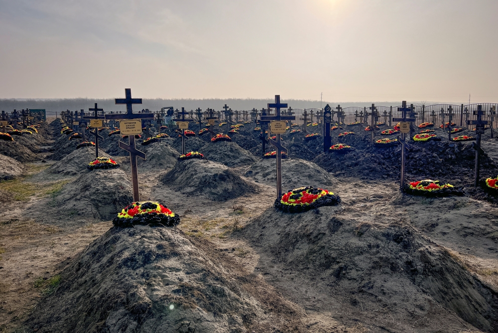 Graves of Russian Wagner mercenary group fighters are seen in a cemetery near the village of Bakinskaya in Krasnodar region, Russia, on January 22, 2023. REUTERS/Stringer
