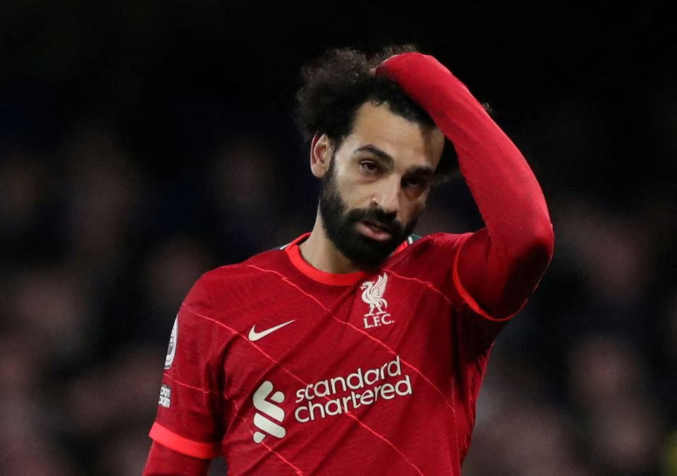 Football - Premier League - Chelsea v Liverpool - Stamford Bridge, London, Britain - January 2, 2022 Liverpool's Mohamed Salah reacts Action Images via Reuters/Peter Cziborra

