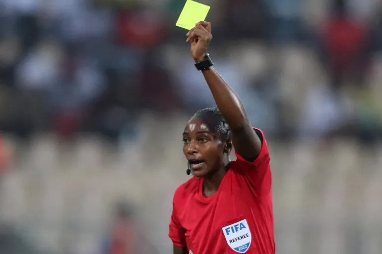 Mukansanga was the first woman from Rwanda to referee at the FIFA Women’s World Cup and the AFCON [Mohamed Abd El Ghany/Reuters]
