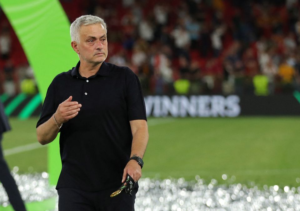 AS Roma coach Jose Mourinho celebrates after winning the 2022 Europa Conference League AS Roma at the Arena Kombetare, Tirana, Albania, on May 25, 2022. File Photo / Reuters

