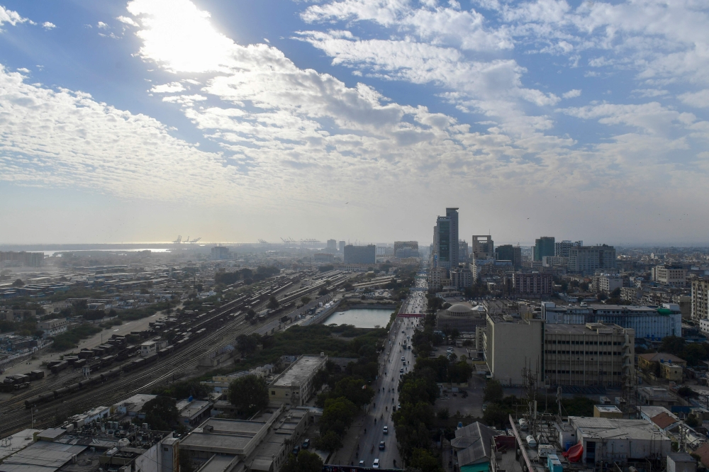 An aerial view of the commercial district of Pakistan's port city of Karachi on January 27, 2023. Photo by Asif HASSAN / AFP