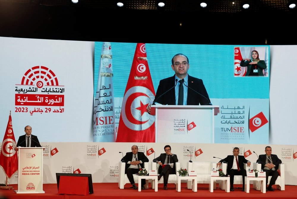 Farouk Bouasker, President of the Independent High Authority for Elections, speaks during the announcement of the provisional turnout for the second round of the parliamentary election in Tunis,Tunisia, January 29, 2023. REUTERS/Zoubeir Souissi