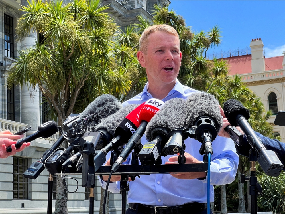 Chris Hipkins speaks to members of the media, after being confirmed as the only nomination to replace Jacinda Ardern as leader of the Labour Party, outside New Zealand's parliament in Wellington, New Zealand January 21 2023. REUTERS/Lucy Craymer//File Photo