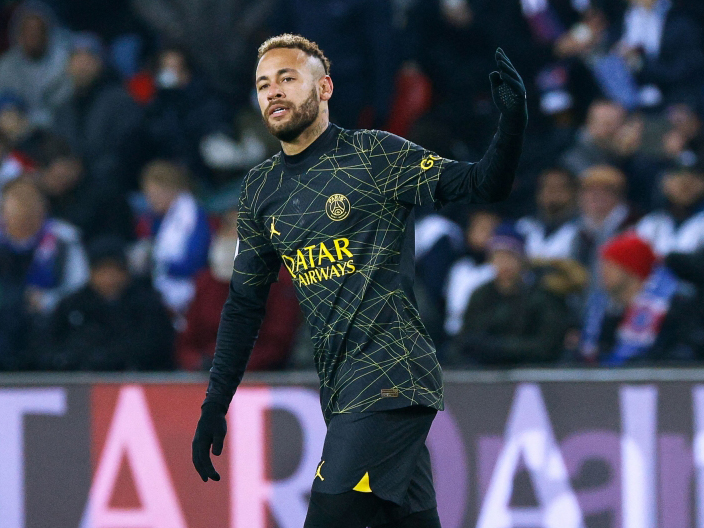 PSG's Brazilian forward Neymar celebrates after scoring the opening goal during the French L1 football match against Stade de Reims at the Parc des Princes stadium in Paris on January 29, 2023. (Photo by Geoffroy Van Der Hasselt / AFP)

