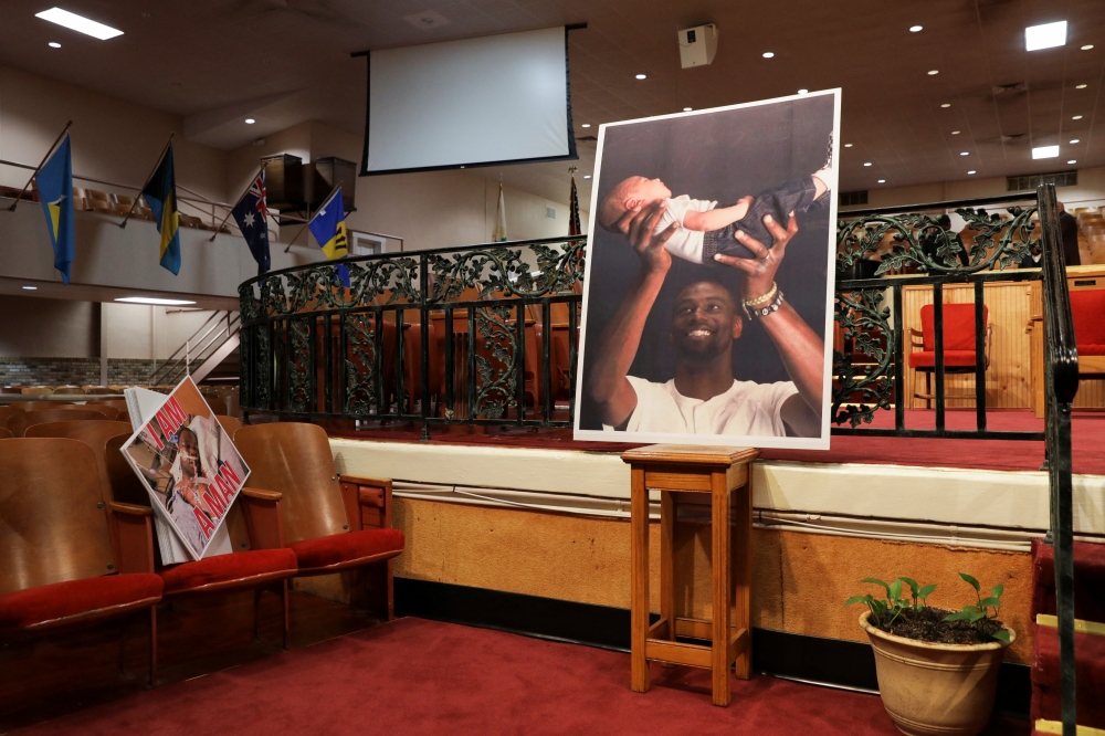 A view of a picture of Tyre Nichols during a news conference held by the family members of Nichols, the Black man who was beaten by Memphis police officers during a traffic stop and died three days later, at Mason Temple: Church of God in Christ World Headquarters, in Memphis, Tennessee, U.S., January 31, 2023. REUTERS/Alyssa Pointer