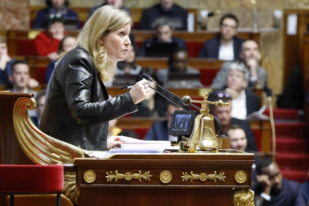 French National Assembly president Yael Braun-Pivet chairs the debate regarding the draft law on pension system reform at the National Assembly in Paris, on February 6, 2023. (Photo by Ludovic Marin / AFP)
