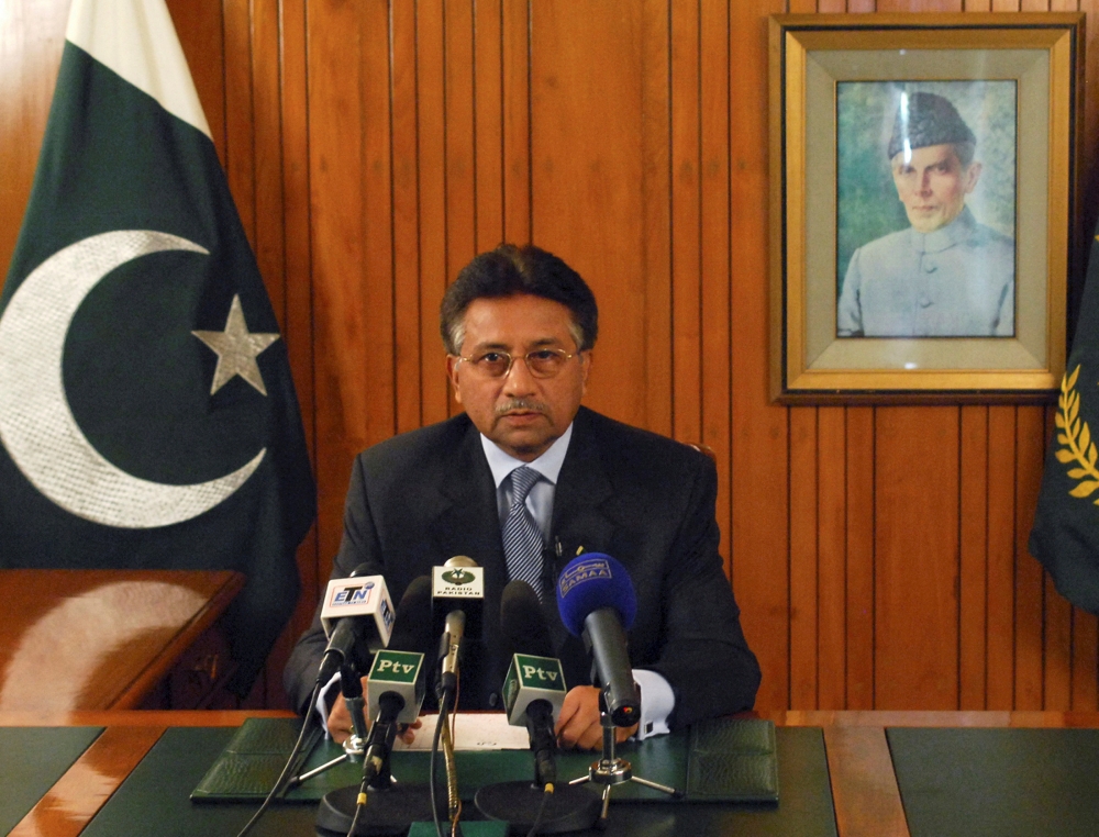 File Photo: Pakistan's President Pervez Musharraf speaks in a televised address to the nation in Islamabad August 18, 2008. (REUTERS/Press Information Department)