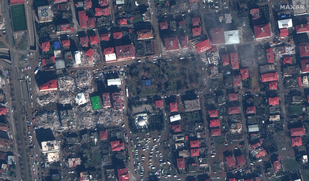 This handout photograph released by Maxar Technologies on February 7, 2023, shows a satellite image taken of Islahiye in south-eastern Turkey on February 7, 2023 (Photo by Handout / Satellite image 2023 Maxar Technologies / AFP) 