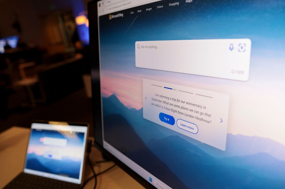 Microsoft Bing search engine in pictured on a monitor in the Bing Experience Lounge during an event introducing a new AI-powered Microsoft Bing and Edge at Microsoft in Redmond, Washington on February 7, 2023. - Microsoft's long-struggling Bing search engine will integrate the powerful capabilities of language-based artificial intelligence, CEO Satya Nadella said, declaring what he called a new era for online search. (Photo by Jason Redmond / AFP)