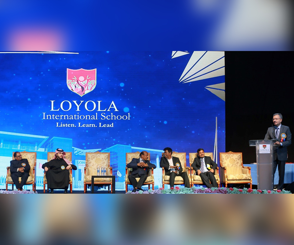 Ambassador of India to Qatar H E Dr. Deepak Mittal (addressing), and Chief Patron of Loyola International School Sheikh Ahmed Hamad A A Al Thani, with other officials during the event.
