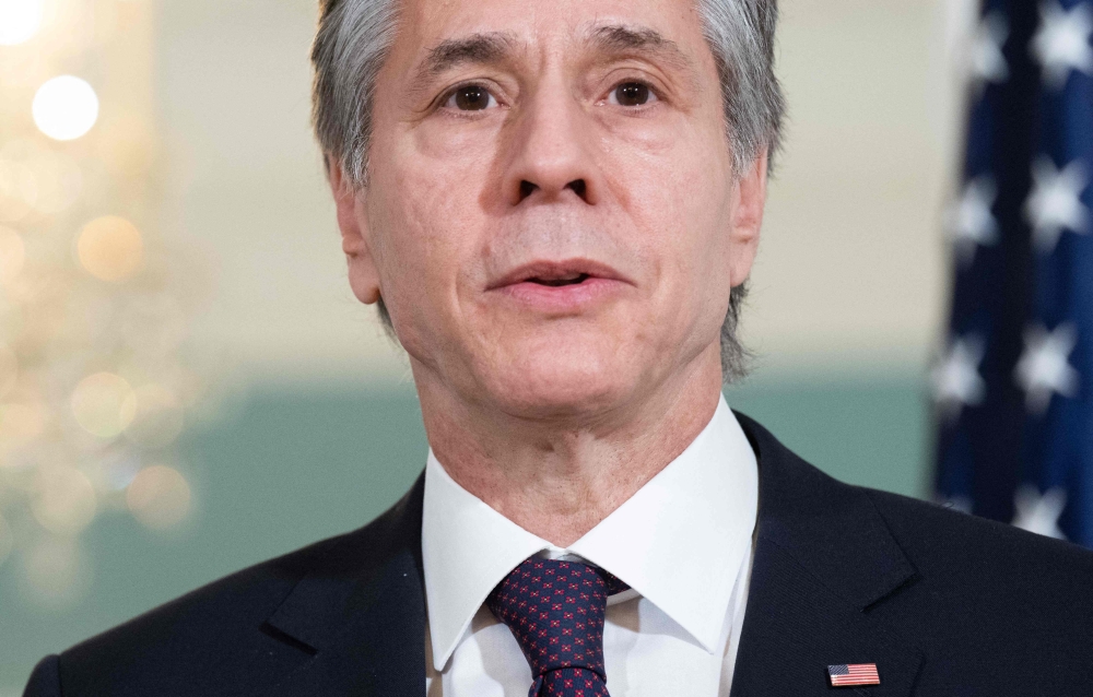 :US Secretary of State Antony Blinken speaks to the media prior to a meeting with Iraqi Foreign Minister Fuad Hussein, not pictured, in the Treaty Room of the US State Department in Washington, DC, on February 9, 2023. (Photo by SAUL LOEB / AFP)
