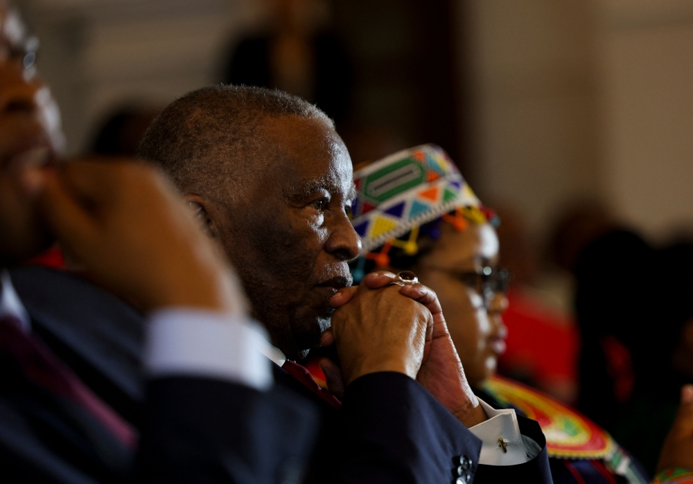 Former president of South Africa Thabo Mbeki looks on during South African President Cyril Ramaphosa's 2023 state-of-the-nation address (SONA) at the Cape Town City Hall in Cape Town on February 9, 2023. (Photo by ESA ALEXANDER / POOL / AFP)