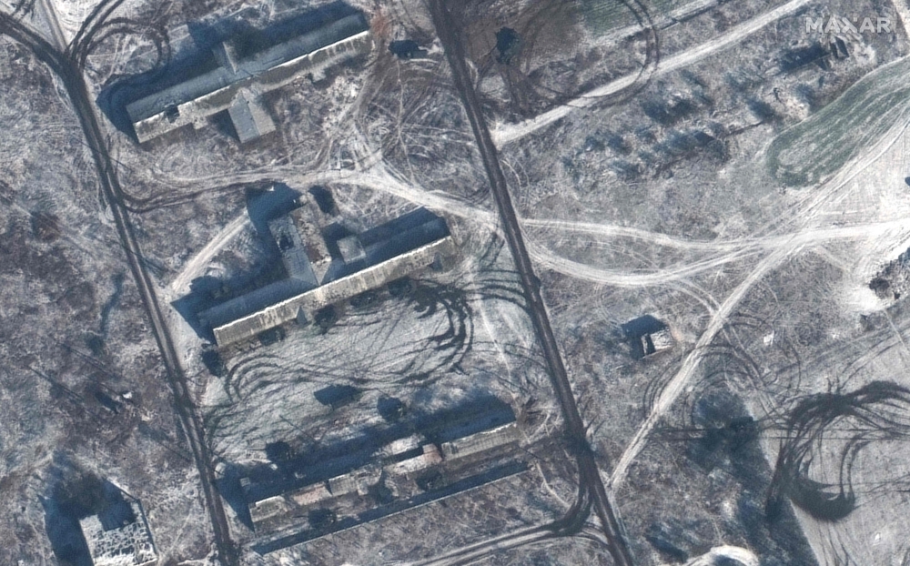 This handout satellite image taken on February 8, 2023 by Maxar Technologies shows armored vehicles positioned behind residential buildings in Krylivka, Ukraine. (Satellite image 2022 Maxar Technologies / AFP)