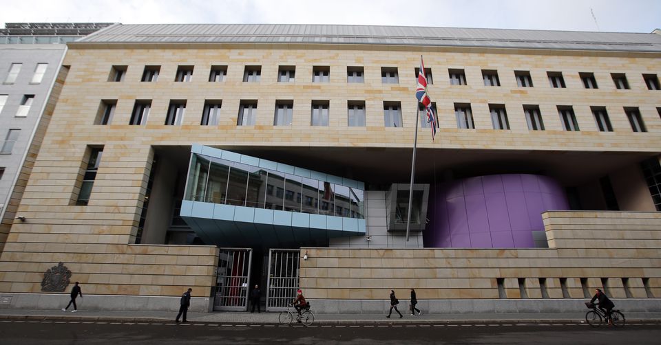 Pedestrians walk in front of the British embassy in Berlin, November 5, 2013. (REUTERS/Fabrizio Bensch)