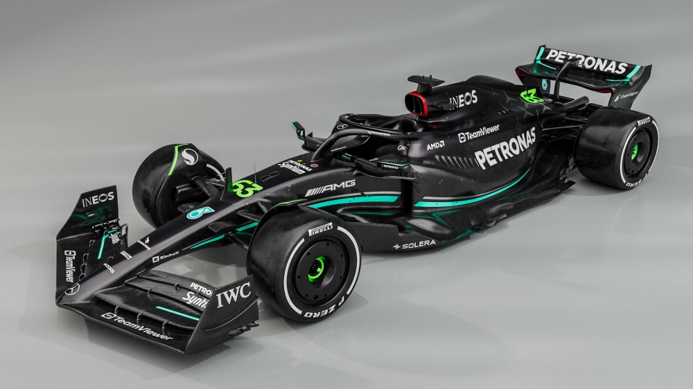 A handout image released by Mercedes shows the team's new Mercedes-AMG F1 W14 E Formula One racing car during their 2023 season launch, in Silverstone on February 15, 2023. (Photo by MERCEDES / AFP)