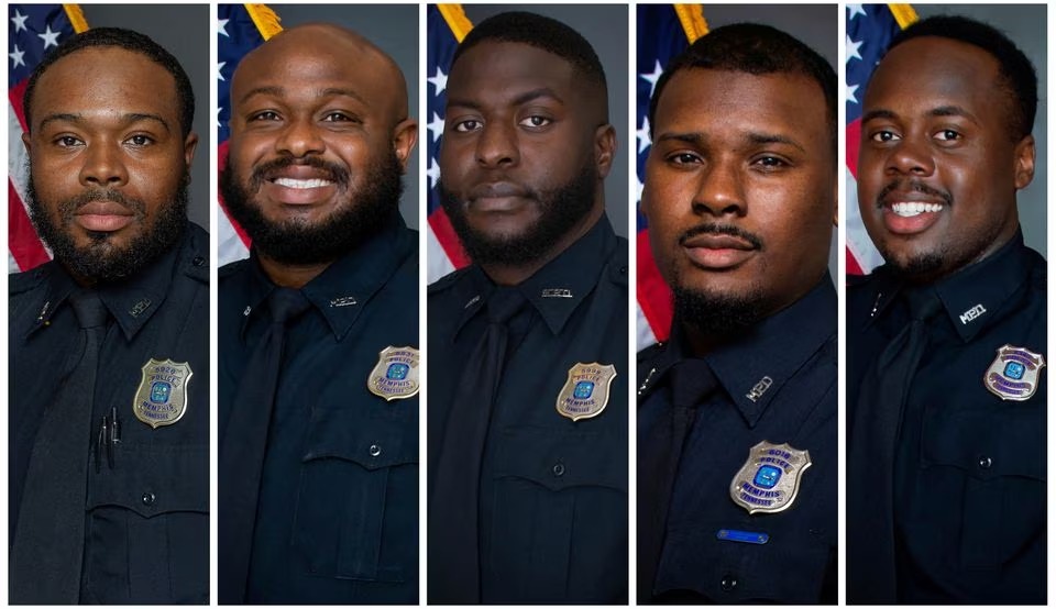 Officers who were terminated after their involvement in a traffic stop that ended with the death of Tyre Nichols, pose in a combination of undated photographs in Memphis, Tennessee, U.S. From left are officers Demetrius Haley, Desmond Mills, Jr., Emmitt Martin III, Justin Smith and Tadarrius Bean. Memphis Police Department/Handout via REUTERS.
