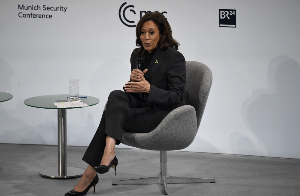 US Vice President Kamala Harris speaks at the Munich Security Conference (MSC) in Munich, southern Germany, on February 18, 2023. - The Munich Security Conference running from February 17 to 19, 2023 brings world leaders together ahead of the first anniversary of Russia's invasion of Ukraine as Kyiv steps up pleas for more weapons. (Photo by Thomas KIENZLE / AFP)