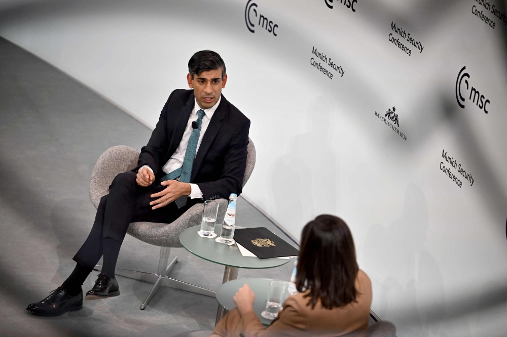 Britain's Prime Minister Rishi Sunak attends a Q&A after his speech at the Munich Security Conference (MSC) in Munich, southern Germany, on February 18, 2023.  (Photo by Ben Stansall / POOL / AFP)