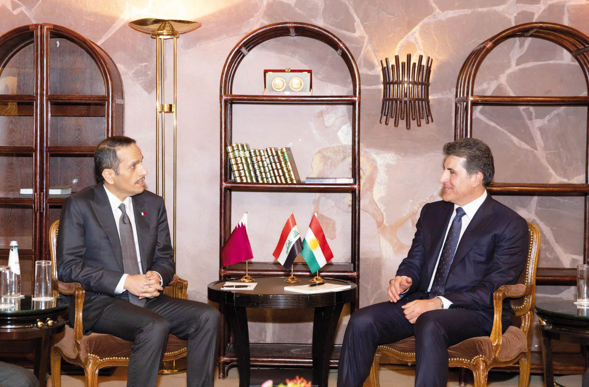 Deputy Prime Minister and Minister of Foreign Affairs H E Sheikh Mohammed bin Abdulrahman Al Thani with President of the Kurdistan Region of Iraq H E Nechirvan Barzani, in Munich, Germany.
